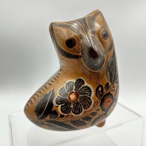 Vintage Tonala Mexican Folk Art Pottery Owl Figurine Handpainted Floral 5.5"